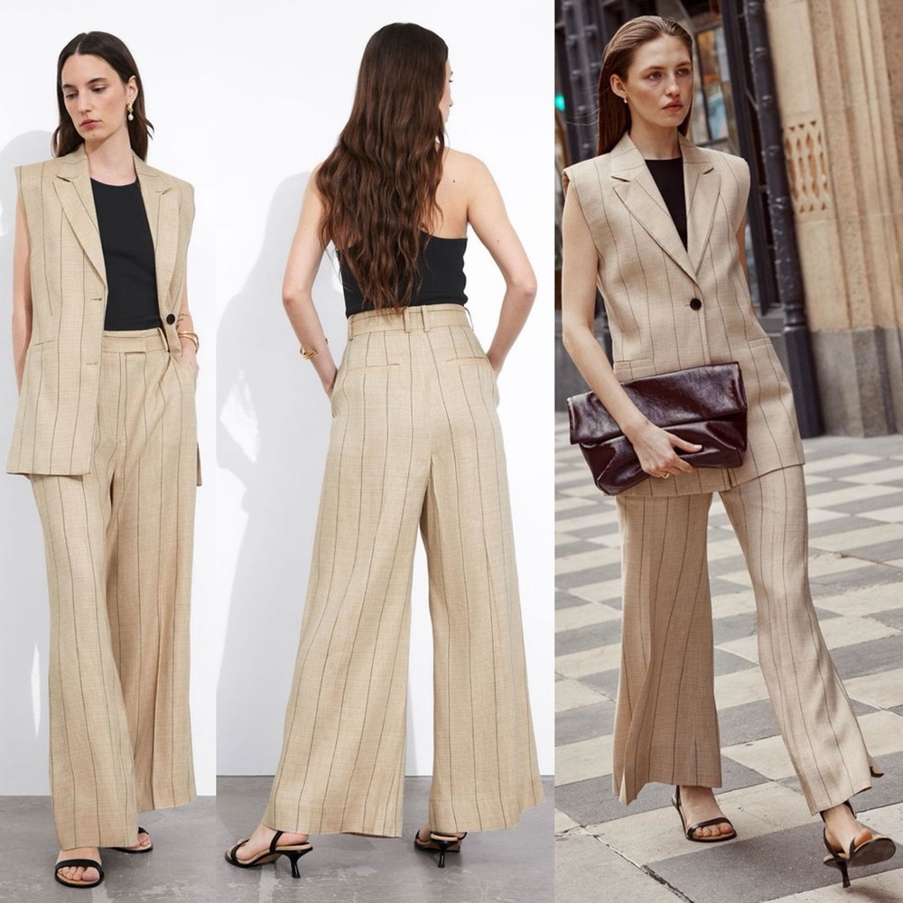 & Other Stories Wide Linen-Blend Trousers Pinstripe Tan US 4 NWT High Waist - Picture 3 of 15